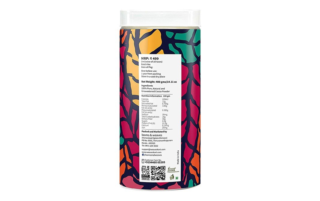 Looms & Weaves Cocoa Powder (Natural & Unsweetened)   Jar  400 grams
